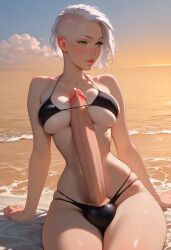 1futa ai_generated autopaizuri balls_in_panties beach bikini broskybro facing_viewer futanari gigantic_penis green_eyes handsfree_paizuri light-skinned_futanari light_skin micro_bikini outdoors pale-skinned_futanari penis precum sidecut sitting solo sweat white_hair