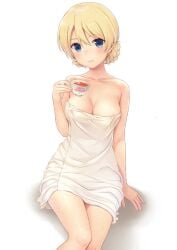 blonde_hair blue_eyes braided_hair breasts cleavage collarbone darjeeling eyebrows_visible_through_hair female_only girls_und_panzer holding_object looking_at_viewer medium_breasts n.g. nipple_outline nipples_visible_through_clothing shadow short_hair sitting smiling_at_viewer steam teacup towel_only white_background