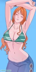 big_breasts bikini breasts closed_eyes female female_only jeans long_hair nami one_piece orange_hair post-timeskip solo striped_bikini tagme uukkaa