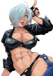 1girls abs angel_(kof) artist_tag black_panties blue_eyes hand_gesture jacket king_of_fighters muscular_female needs_tags one_eye_covered short_hair tagme tagme_(artist) toastitos tongue tongue_out white_hair