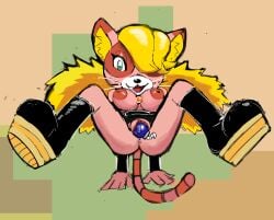 anthro bomberman bomberman_hero clothed clothing felid feline female hi_res konami mammal natia object_in_pussy partially_clothed solo tagxo_(artist)