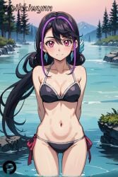 ai_generated arms_behind_back ass_visible_through_thighs bangs bare_shoulders bikini black_bikini black_hair blush breasts cleavage closed_mouth collarbone cowboy_shot earrings female groin hair_between_eyes halterneck jewelry kurosaki_ruri long_hair looking_at_viewer lulu_obsidian medium_breasts mountain multicolored_hair nature navel outdoors pikkiwynn pink_eyes purple_hair rock side-tie_bikini_bottom smile solo standing stomach streaked_hair string_bikini swimsuit tree very_long_hair wading water yu-gi-oh! yu-gi-oh!_arc-v