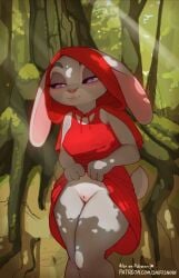 anthro biped blush bottomless bottomwear breasts clothed clothing clothing_lift detailed_background disney ears_down eyebrows female genitals grey_tail hood judy_hopps lagomorph leporid looking_away mammal mouth_closed pink_nose pivoted_ears purple_eyes pussy rabbit short_tail skirt skirt_lift sniffsnorf solo tail zootopia