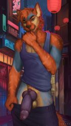 absurd_res alley anthro balls blue_body blue_eyes blue_fur bottomwear building canid canine canis city clothing digital_media_(artwork) ears_up fur genitals hair hi_res house hyena levsha light male mammal muscular neon night pants penis piercing red_body red_fur red_hair shirt sign solo street t-shirt tail topwear white_body white_fur wolf