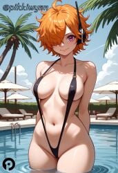 ahoge ai_generated arms_behind_back bangs black_one-piece_swimsuit blue_sky breasts closed_mouth cloud collarbone cowboy_shot day female female_only groin hair_over_one_eye headphones large_breasts looking_at_viewer medium_breasts navel one-piece_swimsuit one_piece orange_hair outdoors palm_tree pikkiwynn pool purple_eyes short_hair sky slingshot_swimsuit smile solo swimsuit tree umbrella vegapunk_lilith wading water wet