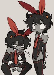 alien alien_humanoid aspendixx black_hair bunny_ears bunny_tail bunnysuit grey_skin homestuck homestuck_troll horns kankri_vantas male male_focus male_only solo_male suggestive unusual_skin_color white_eyes