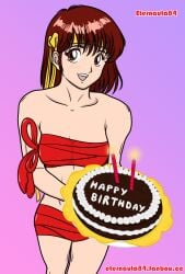 1girls birthday_cake blush brown_eyes brown_hair cake clothed eternauta84 female gunbuster happy_birthday noriko_takaya smile solo tagme