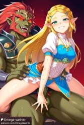 1boy 1girls ai_generated blonde_hair breath_of_the_wild clothed_sex corruption dress elf elf_ears empty_eyes evil_smile female ganon ganondorf ganondorf_(tears_of_the_kingdom) gerudo male omega-weirdo omegaweirdo patreon princess_zelda sex smile straddling the_legend_of_zelda zelda_(breath_of_the_wild)