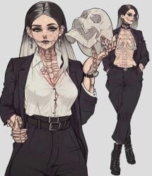 1girl 1girls black_hair body_paint choker cigarette clothed clothed_female ear_piercing female_only girl_who_is_obsessed_with grey_hair nose_piercing open_clothes open_shirt piercing piercings skeleton skeleton_markings smoking solo solo_female watch wrist_watch yoracrab