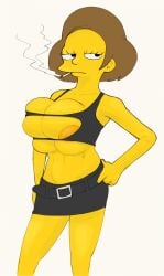 1girls 20th_century_fox big_breasts brown_hair edna_krabappel female female_focus female_only garbledina huge_breasts mature_female nipples the_simpsons voluptuous voluptuous_female yellow_eyes yellow_skin