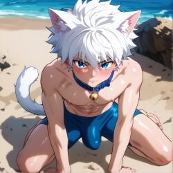 ai_generated beach blue_eyes bulge cat_ears cat_tail collar gay hunter_x_hunter killua_zoldyck outdoors swimsuit swimwear tight_clothing white_hair yaoi