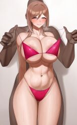 1boy 1girls arms_behind_back big_breasts bikini blue_eyes blush breasts brown_hair dark-skinned_male dark_skin female female_focus gakuen_idolmaster himesaki_rinami hourglass_figure huge_breasts idolmaster looking_at_viewer naked_male pink_bikini pubic_hair pubic_hair_peek senju_(snz0) simple_background sweat sweatdrop sweating sweaty thick_thighs thighs