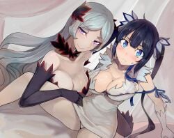 2girls bare_shoulders black_gloves black_hair blue_eyes blush breasts cleavage cleavage_cutout clothing_cutout collarbone dress dungeon_ni_deai_wo_motomeru_no_wa_machigatteiru_darou_ka elbow_gloves freya_(danmachi) gloves hair_ornament hestia_(danmachi) large_breasts long_hair multiple_girls panties pantyshot pink_eyes rei_no_himo short_dress silver_hair sitting sleeveless sleeveless_dress spread_legs twintails underwear very_long_hair walzrj white_gloves white_panties