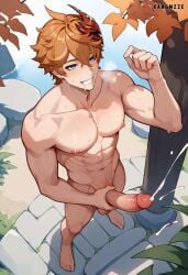 abs ai_generated air_bubbles beefcake beefy big_penis blue_eyes breath breath_cloud breathing childe_(genshin_impact) cum cumming ejaculating_cum ejaculation genshin_impact ginger ginger_hair ginger_pubes ginger_pubic_hair hands_on_chest hunk jerking_off jerkingoff kangmzze large_penis liyue male_only masturbation muscular muscular_male orange_hair orange_leaves orange_pubes orange_pubic_hair outdoors penis rocks salivating solo solo_male standing tartaglia_(genshin_impact) teyvat tree trees water