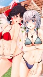 2024 2girls 3d_(artwork) bikini blue_bowtie blue_eyes blush bracelets duo_female embodiment_of_scarlet_devil hairpin hips light-skinned_female mmd necklace neckwear outdoors red_bikini red_bow red_eyes red_ribbon reimu_hakurei sakuya_izayoi sweatdrop swimsuit touhou white_hair yabuinu_mmder