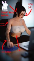 3d artist_logo artist_name bangs black_hair comedy computer funny ghostoast glasses hard_nipples human lipstick makeup nipples_visible_through_clothing no_bra ponytail red_lipstick revealing_clothes sitting tattoo tattoo_on_belly tattooed_arm text