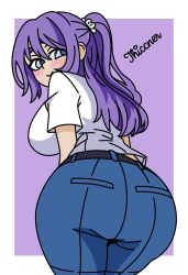 1girls ass big_ass big_breasts big_butt blue_eyes breasts commission commission_art commissions_open denim female from_behind highres hips jeans large_breasts looking_at_viewer looking_back mankitsu_happening pants purple_hair rei_suzukawa self_upload solo thiccner