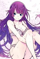 ai_assisted arm_between_legs ass_visible_through_thighs bare_arms bare_belly bare_legs bare_shoulders bare_thighs blue_eyes blush body_blush bra breasts cleavage closed_mouth collarbone jei_games knees_up lace-trimmed_bra lace-trimmed_panties long_hair medium_breasts monogatari_(series) panties purple_hair senjougahara_hitagi sitting smile thighs underwear underwear_only wet_body wet_hair white_bra white_panties white_underwear