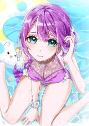 big_breasts bracelet d4dj hidaka_saori innertube mello_yokohama purple_hair seashell swimsuit tear water wet