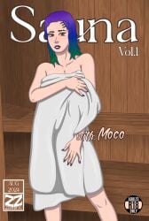 2024 artist_name artist_signature blue_hair comic comic_cover comic_page dated english_text free_fire garena green_hair moco_(free_fire) multicolored_hair purple_hair sauna text zzerotic