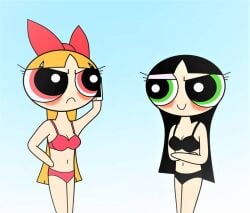 2girls aged_up anger angry angry_face angry_female big_eyes black_hair blossom_(powerpuff_girls) blushing bow buttercup_(powerpuff_girls) envy eyelashes female female_only flushed flustered green_eyes jealous jealous_female jealousy long_hair orange_hair phone pink_eyes powerpuff_girls underwear