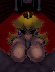 1boy 1girls big_breasts blonde_hair blood blood_on_body breasts crown earrings entity female friday_night_funkin hall hallway horror male male/female mario_(series) marios_madness nightmare_waifu nipples nude nude_female nude_male oral oral_sex paizuri peach.exe princess princess_peach red_eyes royalty sketchydrawin sucking_penis super_horror_peach_(peach.exe)