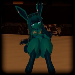 bed bedroom bedroom_eyes bikini bikini_bottom bikini_top body_markings eeveelution glaceon glasses long_hair makeup piercings pillow pointing pointy_ears pokemon pokemon_(species) vrchat