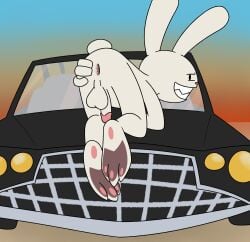 3_toes aaron_amethyst absurd_res anthro anus ass balls car desoto_(car) feet flaccid genitals hi_res lagomorph leporid looking_back male male_only mammal max_(sam_and_max) pawpads paws penis rabbit sam_and_max solo spread_butt spreading toes vehicle