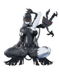 1girls 2021 absurd_res arm_behind_head bellone big_breasts black_bodysuit bodysuit chains digimon digimon_(species) empty_eyes female female_only full_body heels ladydevimon looking_at_viewer pale-skinned_female pale_skin red_eyes smiling smiling_at_viewer solo squatting stitches white_background white_skin