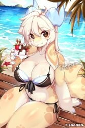 1girls 4_toes anthro big_breasts bikini blonde_hair brown_eyes countershading cute detailed_background dragon female female_only floppy_ears hi_res horns ice_cream ice_cream_cone long_hair looking_at_viewer nami_(teranen) sea seaside sitting sitting_on_bench smiling smiling_at_viewer solo tail teranen thick_thighs yellow_body