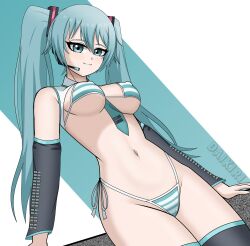 1girls accessory bare_midriff belly belly_button bikini blue_eyes blue_hair breasts cameltoe collared_bikini daikiri_di_mon hatsune_miku hatsune_miku_(collared_bikini) low-angle_view midriff smiling_at_viewer striped_bikini tummy twintails vocaloid