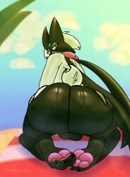 animated anthro ass balls beach beach_towel big_butt bodily_fluids claws feet foot_focus generation_9_pokemon genitals hi_res huge_butt looking_back lovehatealien male male_only meowscarada musk musk_clouds nintendo pawpads pokemon pokemon_(species) sand solo sweat sweaty_butt sweaty_feet thick_thighs toe_claws towel twerking wide_hips