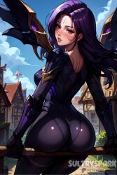 1girls ai_generated artist_name ass ass_focus breasts butt_focus character female futarush kai'sa league_of_legends league_of_legends:_wild_rift looking_at_viewer looking_back looking_back_at_viewer medium_breasts outdoors patreon patreon_username purple_eyes purple_hair riot_games sultryspark thick_ass video_game video_games