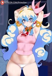 ai_generated armpits blue_hair embarrassed hands_up light_hair looking_at_viewer medium_breasts nia_teppelin panties primosan standing tengen_toppa_gurren_lagann wavy_hair white_hair