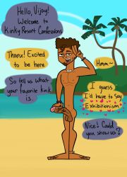 1boy beach beard big_penis brown_hair dialogue gay male_only naked nude outside penis reality_resort skullsour solo text toony vijay_kumar yaoi