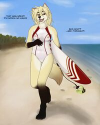 2017 anthro beach black_fur canine clothed clothing clovis_(twokinds) dialogue digitigrade english_text female fox front_view fur gloves_(marking) holding_object hybrid keidran looking_at_viewer mammal markings multicolored_fur nipples open_mouth outside pussy red_eyes rule_63 running seaside see-through see-through_swimsuit seff skimpy smile socks_(marking) solo surfboard swimsuit tan_fur text tongue twokinds unseen_character water webcomic wet wolf yellow_sclera