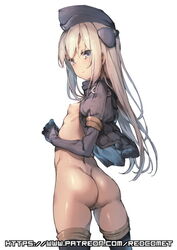 ass blue_eyes bottomless female female flat_chest from_behind gloves hat kantai_collection long_hair looking_at_viewer looking_back nipples no_panties patreon_username pussy redcomet simple_background solo standing u-511_(kantai_collection) uncensored watermark web_address white_background