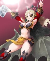 1girls ahoge alternate_costume armpits ashita_yaru bare_thighs black_feathers blonde_hair bodystocking book breasts circlet eyepatch feather_trim feathers fire_emblem fire_emblem_fates fire_emblem_heroes floating_clothes green_eyes grey_eyes highres holding holding_book inner_thighs large_breasts long_hair looking_at_viewer magic navel nintendo no_panties o-ring official_alternate_costume ophelia_(fire_emblem) ophelia_(starlit_maiden)_(fire_emblem) pelvic_curtain smile solo swept_bangs thighs