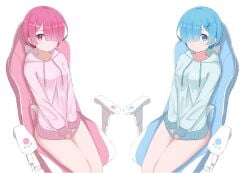 blue_eyes blue_hair cute electric_shock oni pink_eyes pink_hair ram_(re:zero) re:zero_kara_hajimeru_isekai_seikatsu rem_(re:zero) twins