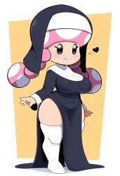 1girls aged_up ai_generated alternate_costume black_eyes female female_focus female_only mario_(series) mushroom_humanoid nintendo novelai nun nun_outfit pink_hair simple_background solo super_mario_bros. toadette twin_braids white_background