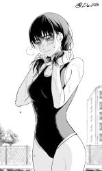 black_and_white black_hair blush chainsaw_man dollllls embarrassed embarrassed_female holding_hair hourglass_figure mitaka_asa one_piece_swimsuit slim_waist swimming_pool swimsuit teenager tied_hair wet wet_body wide_hips