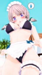 1girls 2024 3d_(artwork) bikini black_swimsuit blue_bowtie blue_eyes dialogue_bubble embodiment_of_scarlet_devil frilled_bikini frills legwear light-skinned_female maid_apron maid_headdress mmd outdoors palm_tree sakuya_izayoi solo_female solo_focus sweatdrop swimsuit teal_bowtie touhou upskirt white_hair worm's-eye_view yabuinu_mmder