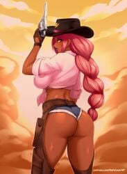 1girls ass braid cowboy_hat cowboy_outfit cowgirl_outfit dark-skinned_female dark_skin female female_only gun hi_res human human_female ingrid_(taimanin_asagi) long_hair looking_at_viewer looking_back looking_back_at_viewer mole mole_under_mouth nofuture pink_hair purple_lipstick rear_view revolver solo solo_female taimanin_(series) taimanin_murasaki thick_ass thick_thighs yellow_eyes