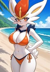 ai_generated big_breasts bikini breasts cinderace cleavage creatures_(company) female female_focus female_only furry game_freak gamefreak kemonogirls large_breasts nintendo orange_bikini orange_swimwear pokemon pokemon_(species) revealing_clothes solo swimsuit swimwear white_fur