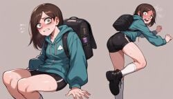 1girls ai_generated ankle_boots backpack black_boots black_shorts blue_hoodie blush brown_hair clenched_teeth concept_art crying defeated defeated_heroine exposed_ass flat_chested green green_eyes grey_background gym_shorts helpless high_res highres long_hair long_socks looking_at_viewer military_boots original_character pale pale-skinned_female pale_skin scared scared_expression scared_face self_upload skinny small_breasts sport_hoodie stable_diffusion surprised surprised_expression sweat sweatdrop tears teenage_girl teenager vines white_socks