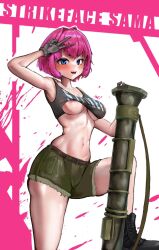 1girls commission marvin_(artist) military_uniform peace_sign pink_hair rpg short_hair