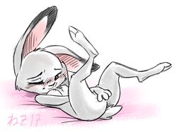 1girls 2017 anthro blush breasts cute disney female female_only fur grey_fur judy_hopps lagomorph mammal masturbation navel nezuya nipples nude purple_eyes rabbit small_breasts solo white_belly zootopia