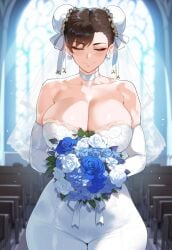 ai_generated bouquet bridal_veil brown_hair chun-li cleavage closed_eyes creamy_ai curvy double_bun large_breasts narrow_waist street_fighter thick_thighs toned wedding_dress wide_hips