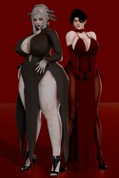 2girls big_breasts black_hair cinder_fall clothed dress female_focus female_only high_heels honey_select kirinonsfw massive_ass massive_breasts milf red_background red_eyes rwby salem_(rwby) white_hair