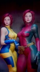 10_seconds 2girls 3d 9:16 animated bodysuit breasts cosplay deadpool_(cosplay) green_eyes light-skinned_female light_skin looking_at_viewer marvel marvel_comics medium_breasts monna_haddid pale-skinned_female pale_skin red_hair short_hair shorter_than_10_seconds standing vertical_video video wolverine_(cosplay)